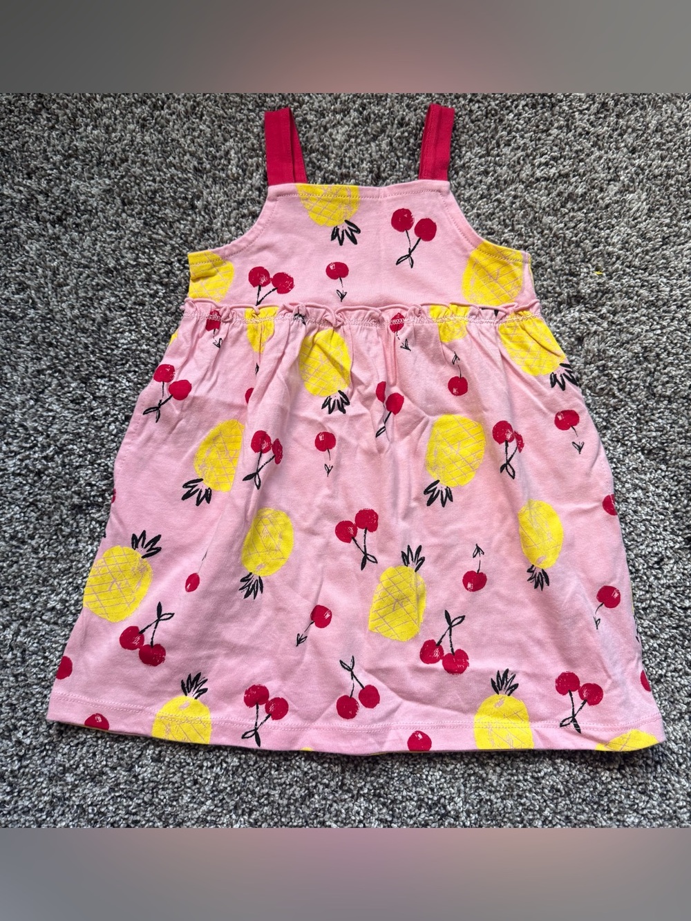 Girls Pink Fruit Print Sundress with Red Straps